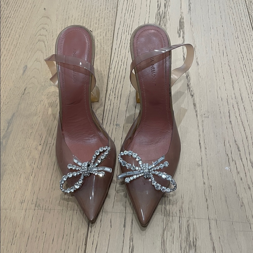 Elegant Brown Heels with Rhinestone Bow Amina Muaddi